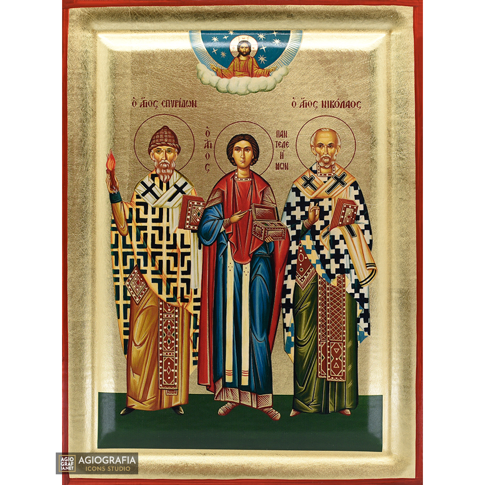 Saints Spiridon - Panteleimon - Nicholas Christian Icon with Gold Leaf