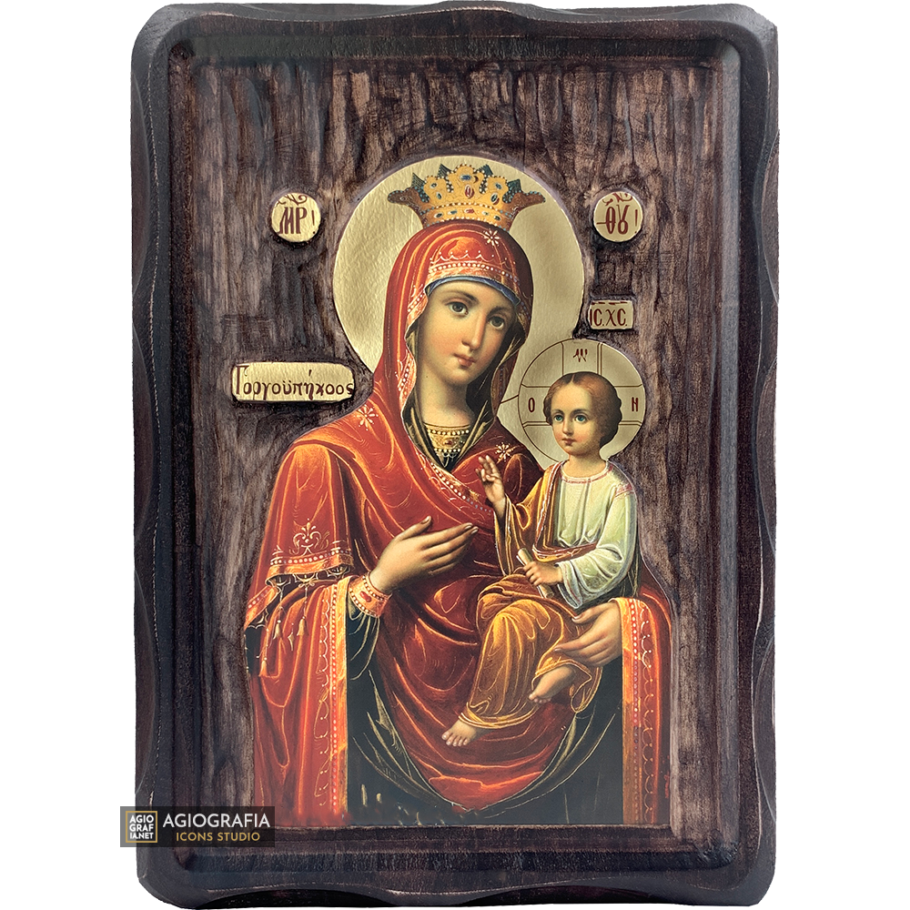 Virgin Mary Quick to Hear Orthodox Gold Foil Icon on Carved Wood