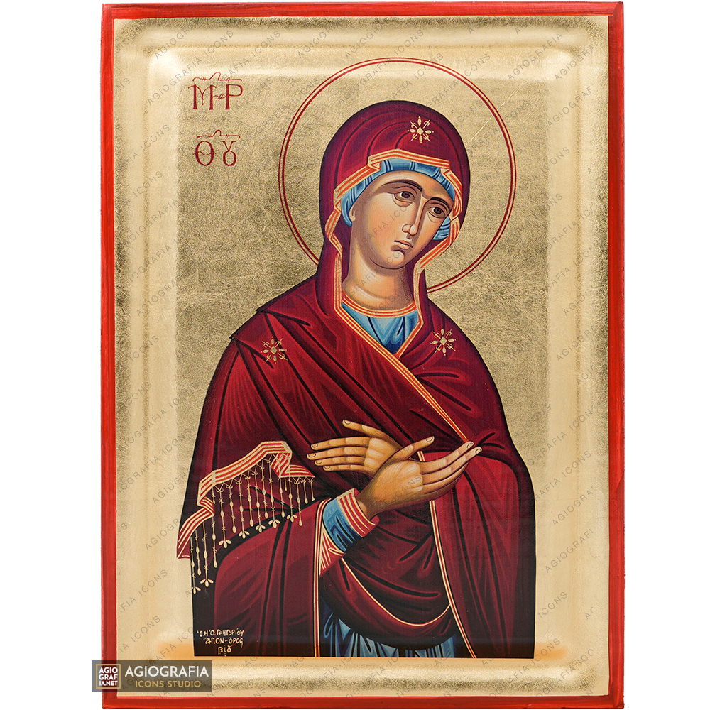 Virgin Mary Deesis Eastern Christian Icon on Wood with Gold Leaf