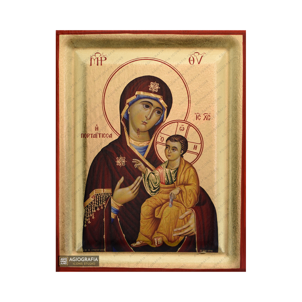 Virgin Mary Portaitissa Mount Athos Wood Icon with Gold Leaf