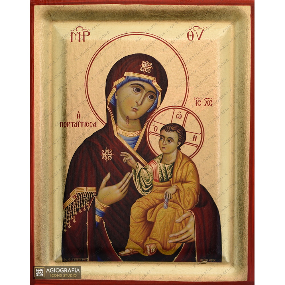 Virgin Mary Portaitissa Mount Athos Wood Icon with Gold Leaf