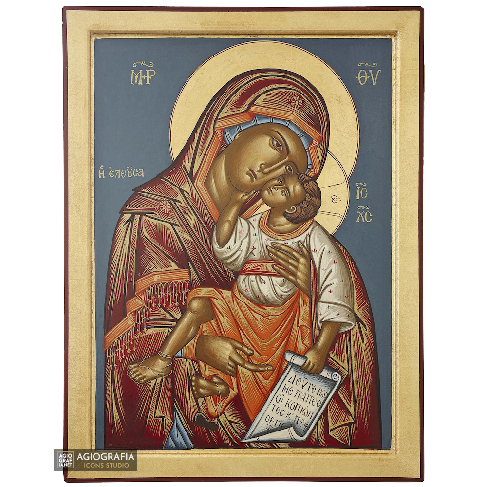 Virgin Mary Mother of Tenderness Handwritten Icon Matte Gold Leaves