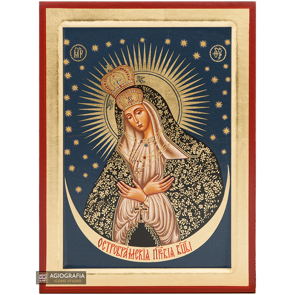 18k Virgin Mary Ostrobramska Orthodox Icon with Gold Leaf