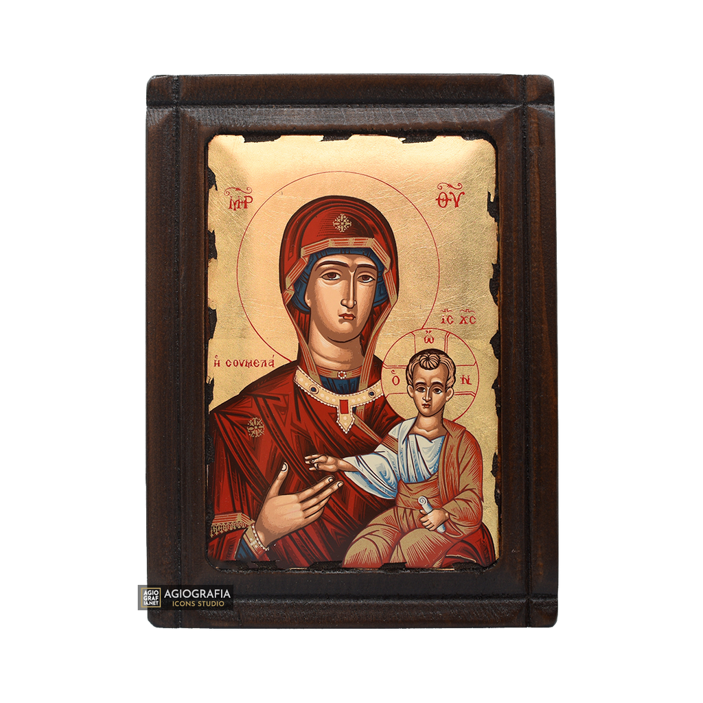 Virgin Mary Soumela from Pontos Orthodox Wood Icon with Gold Leaf