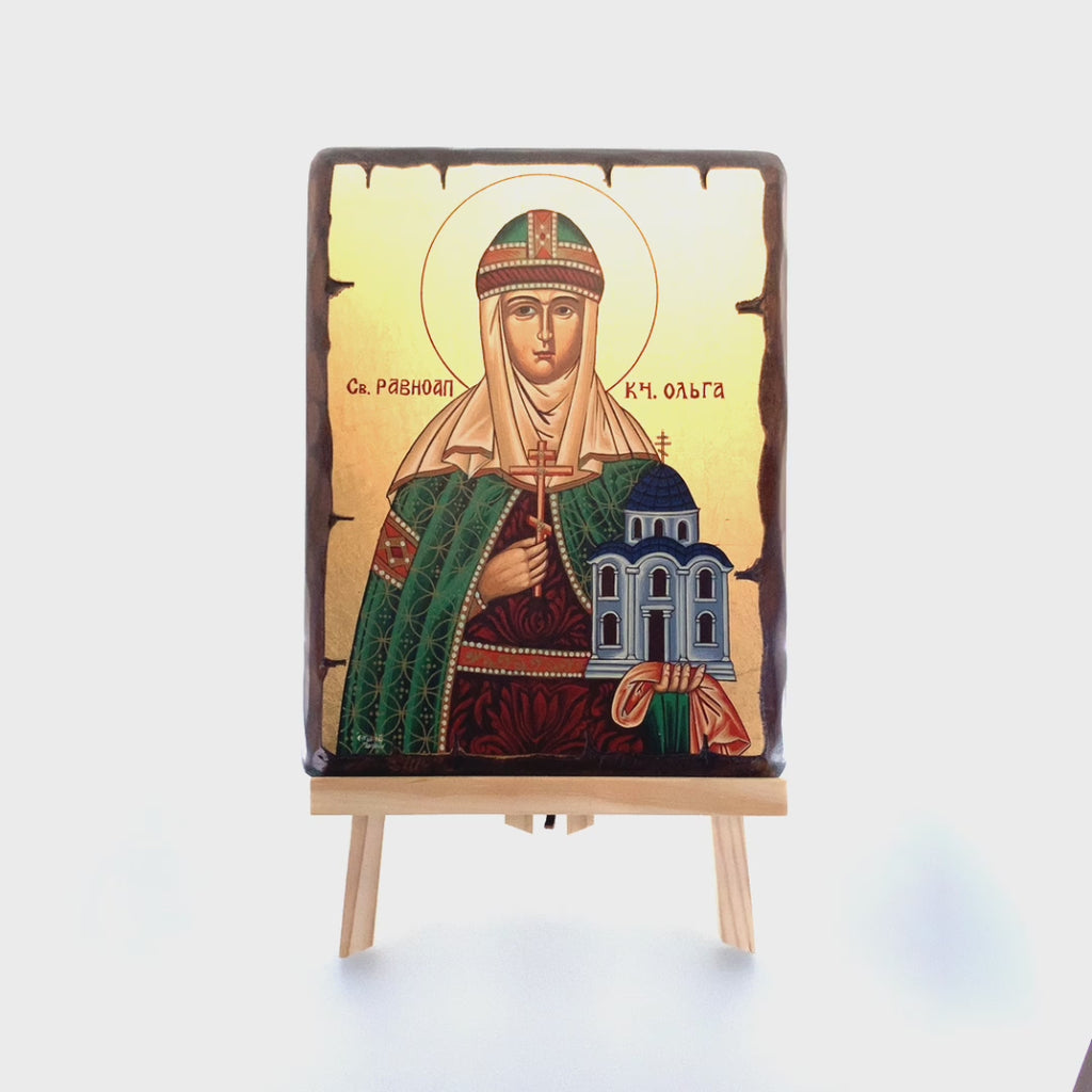 Saint Olga Byzantine Orthodox Wood Icon with Gold Leaf