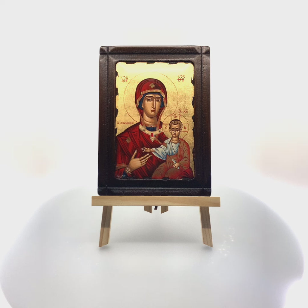 Virgin Mary Soumela from Pontos Greek Orthodox Wood Icon with Gold Leaf