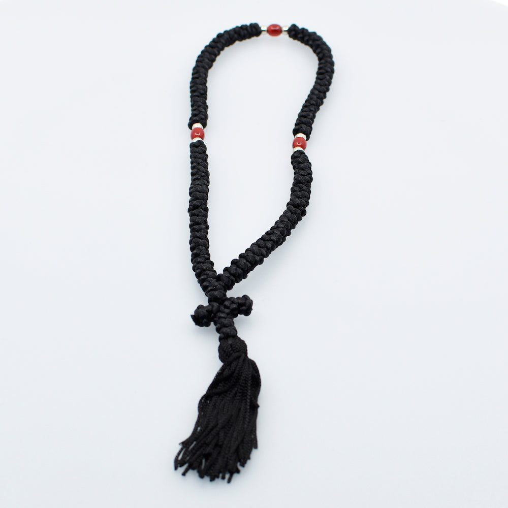 100 Knots Prayer Rope Komboskini - Black Silk Thick Rope with Red