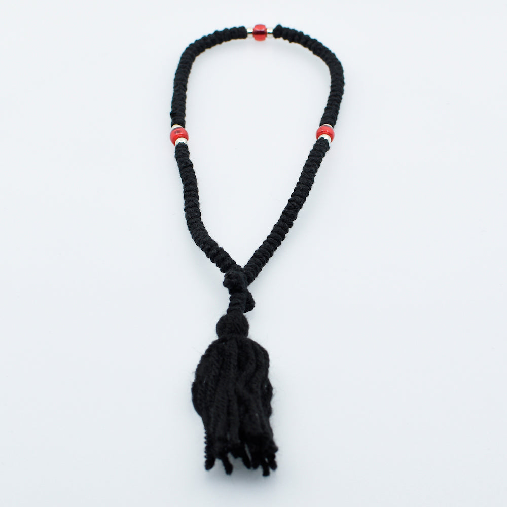 100 Knots Prayer Rope Komboskini - Black Wool Rope with Red Beads