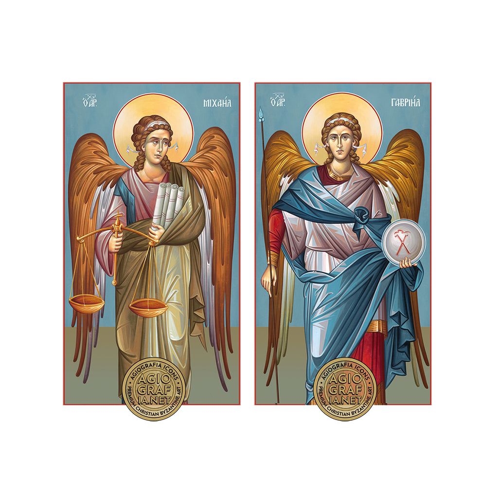 Set of 2 Icons - Archangels Michael & Gabriel with Blue Background