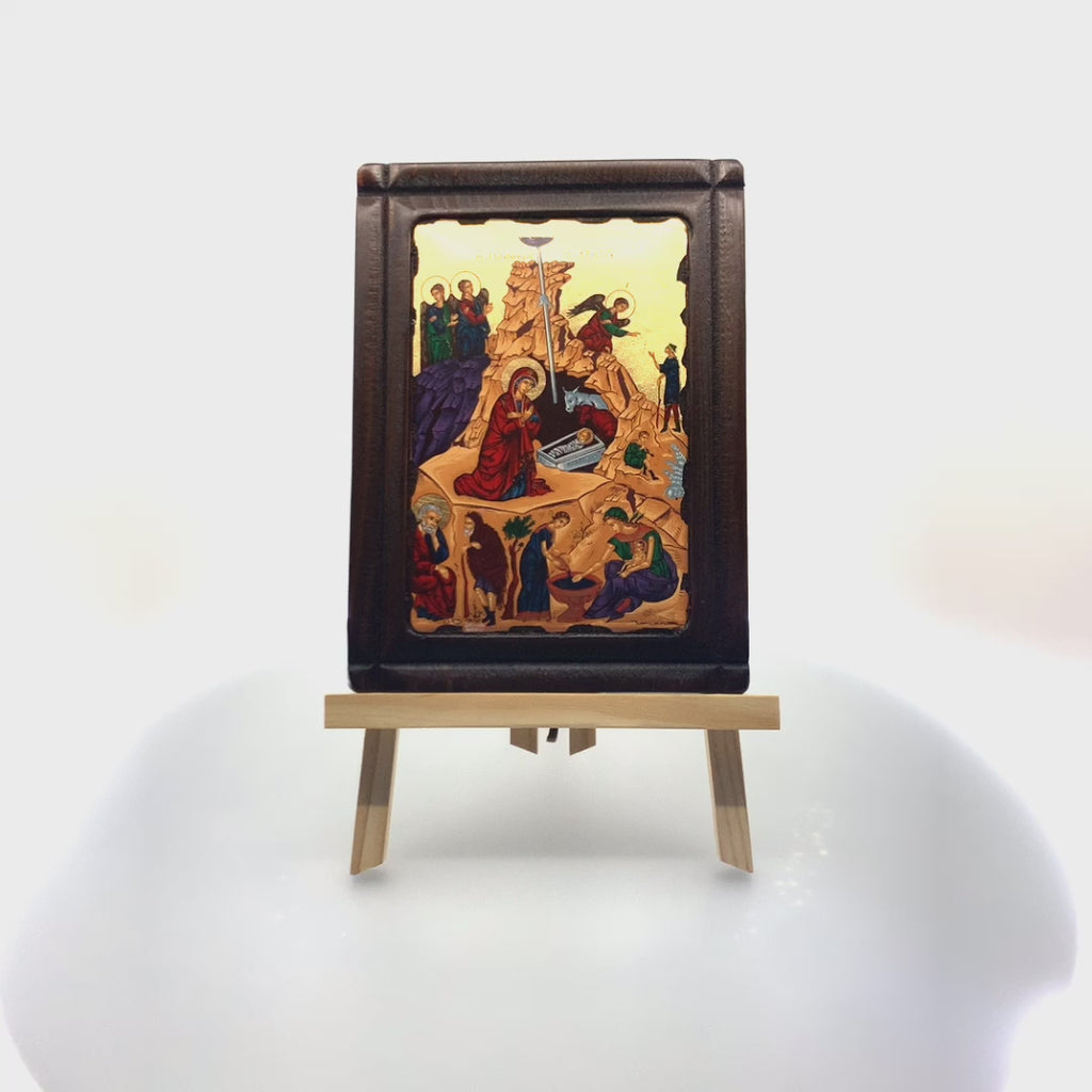 Nativity of the Lord Byzantine Orthodox Wood Icon with Gold Leaf
