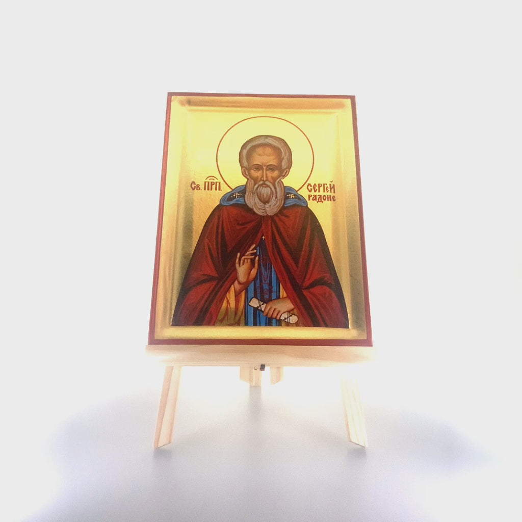 Saint Sergius of Radonez Byzantine Orthodox Wood Icon with Gold Leaf