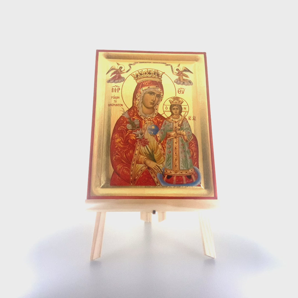 Virgin Mary the Mystical Rose Eastern Christian Icon on Wood with Gold Leaf