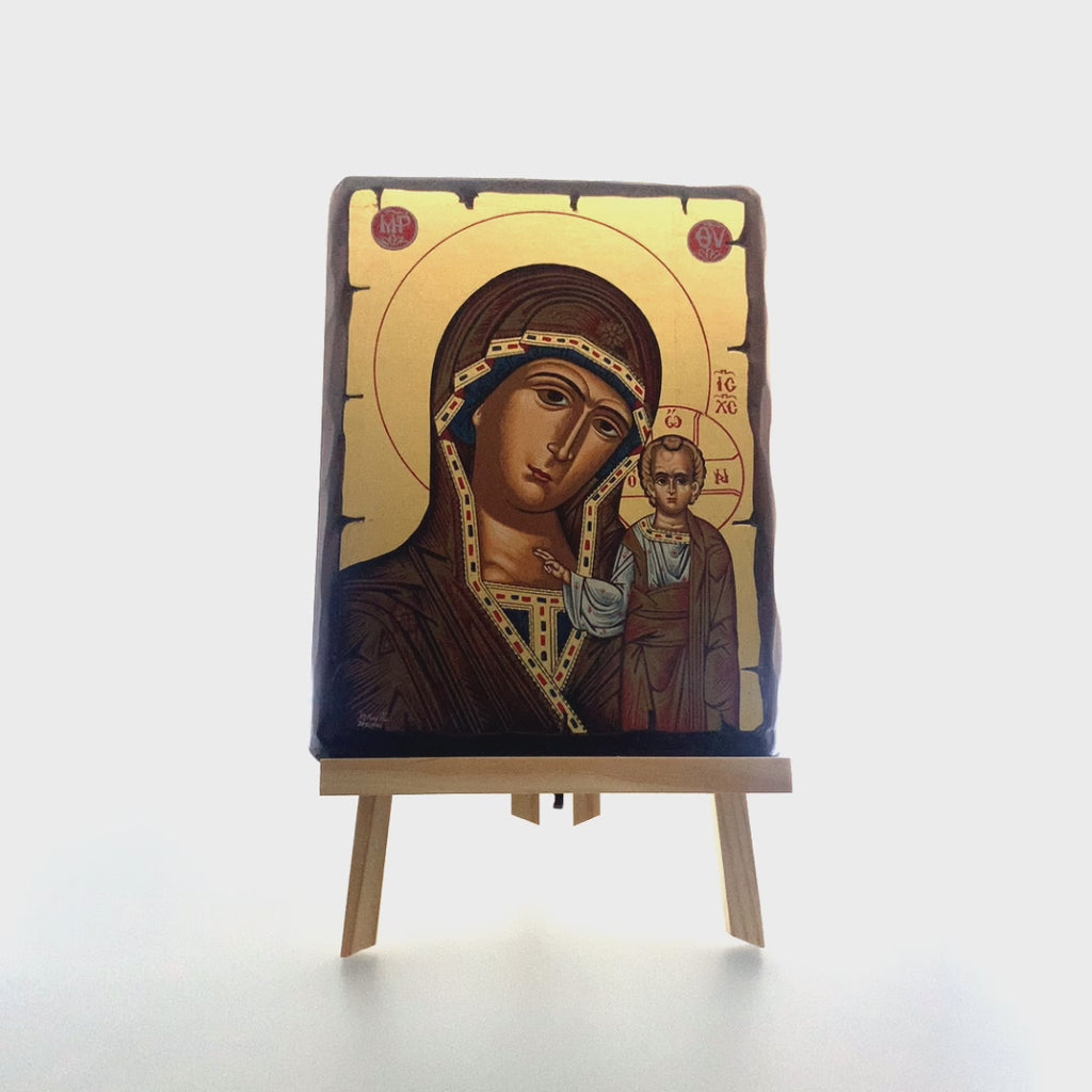 Virgin Mary of Kazan Greek Orthodox Wood Icon with Gold Leaf