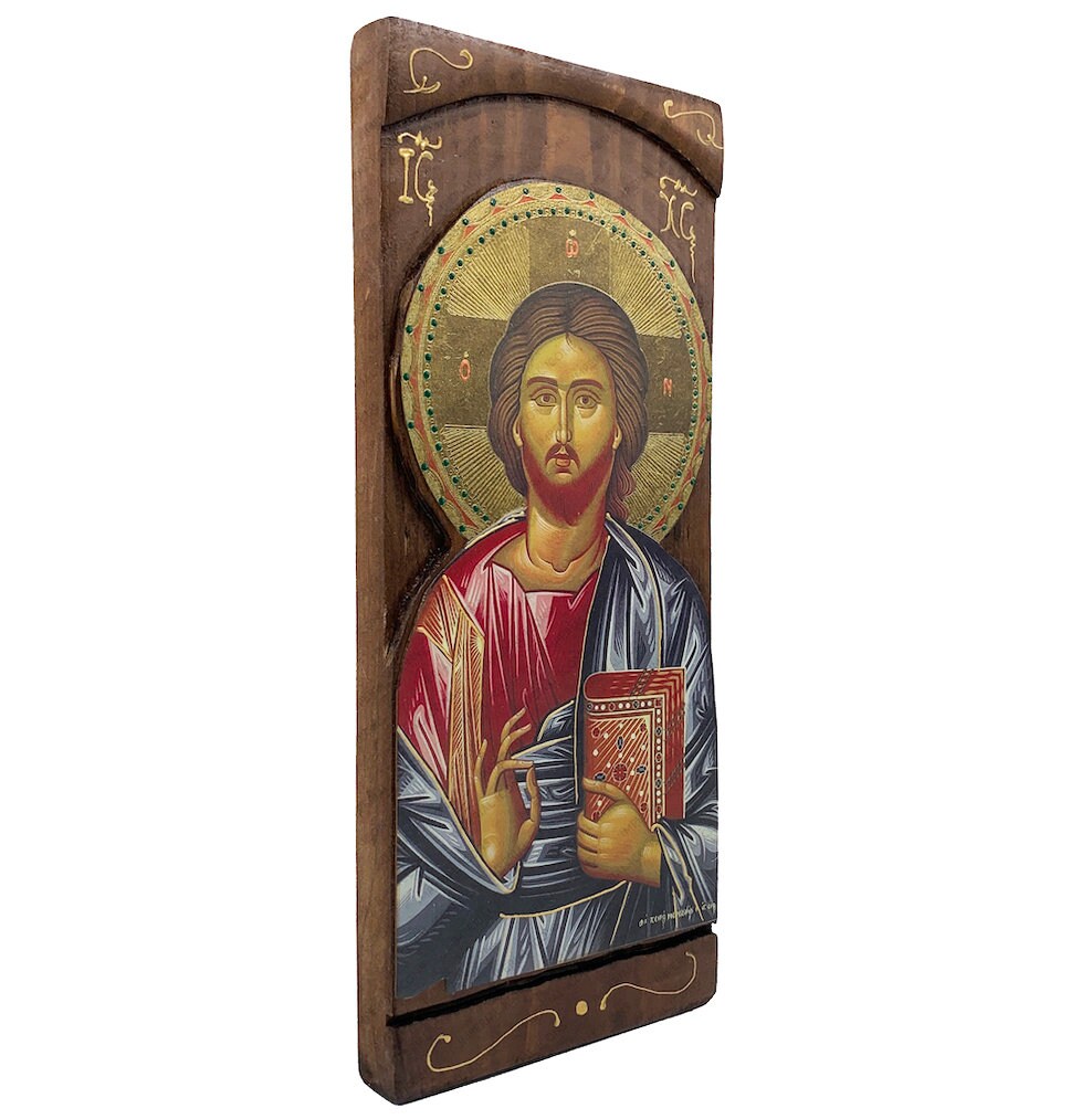 Jesus Christ - Wood curved Byzantine Christian Orthodox Icon on Natural solid Wood