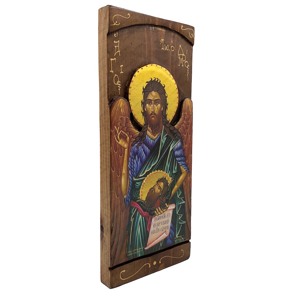 St John the Forerunner - Wood curved Byzantine Christian Orthodox Icon on Natural solid Wood