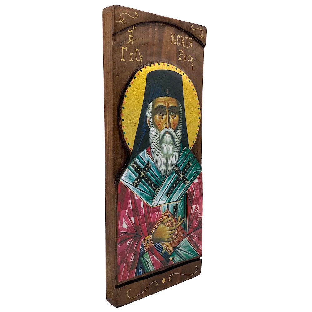 St Nektarios - Wood curved Byzantine Christian Orthodox Icon on Natural solid Wood