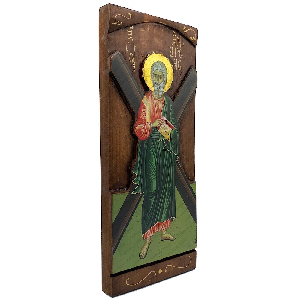 St Apostle Andrew - Wood curved Byzantine Christian Orthodox Icon on Natural solid Wood