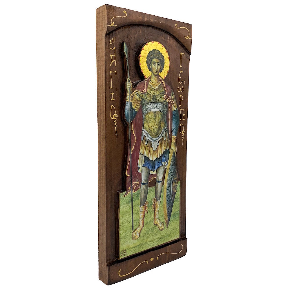 St George - Wood curved Byzantine Christian Orthodox Icon on Natural solid Wood