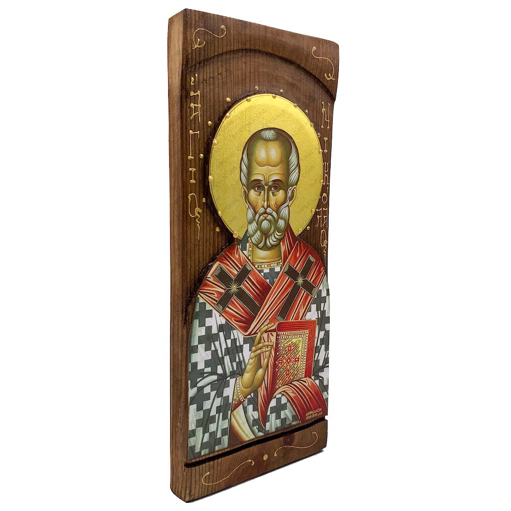 St Nicholas - Wood curved Byzantine Christian Orthodox Icon on Natural solid Wood