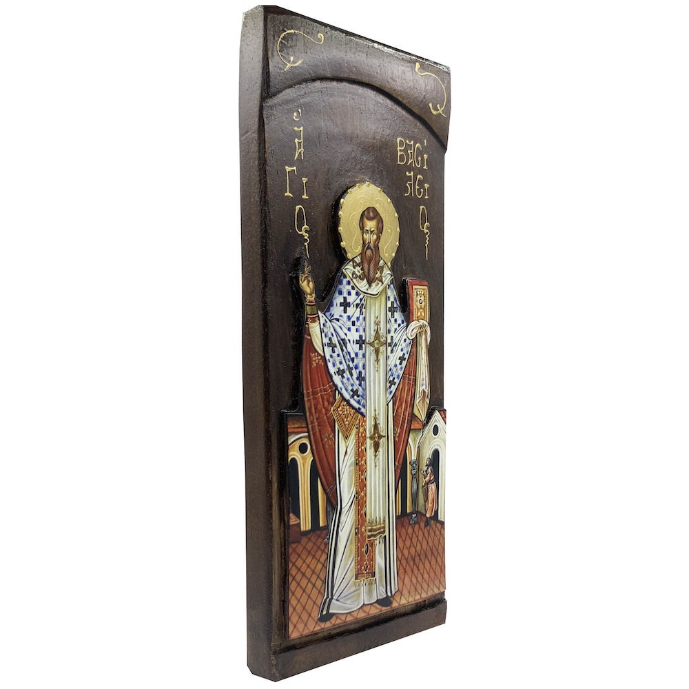 St Basil - Wood curved Byzantine Christian Orthodox Icon on Natural solid Wood