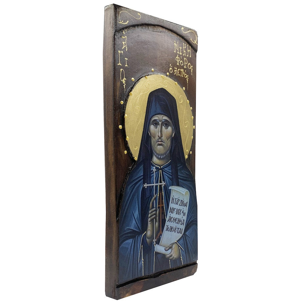 St Nicephorus the Lepper - Wood curved Byzantine Christian Orthodox Icon on Natural solid Wood